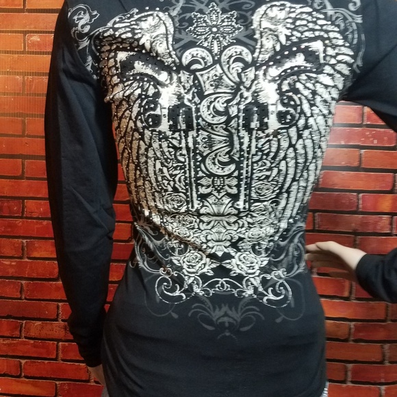 Long Sleeve Mirrored Pistol Wing Rhinestone Shirt - Picture 6 of 7